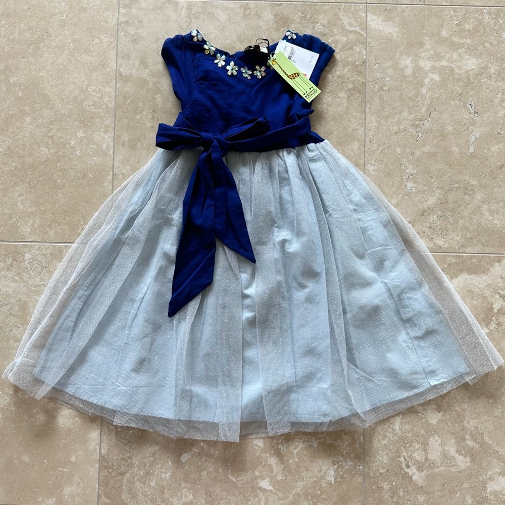 NWT Sophie Catalou Blue Dress With Silver Tulle Skirt, Size 7-8 Girls